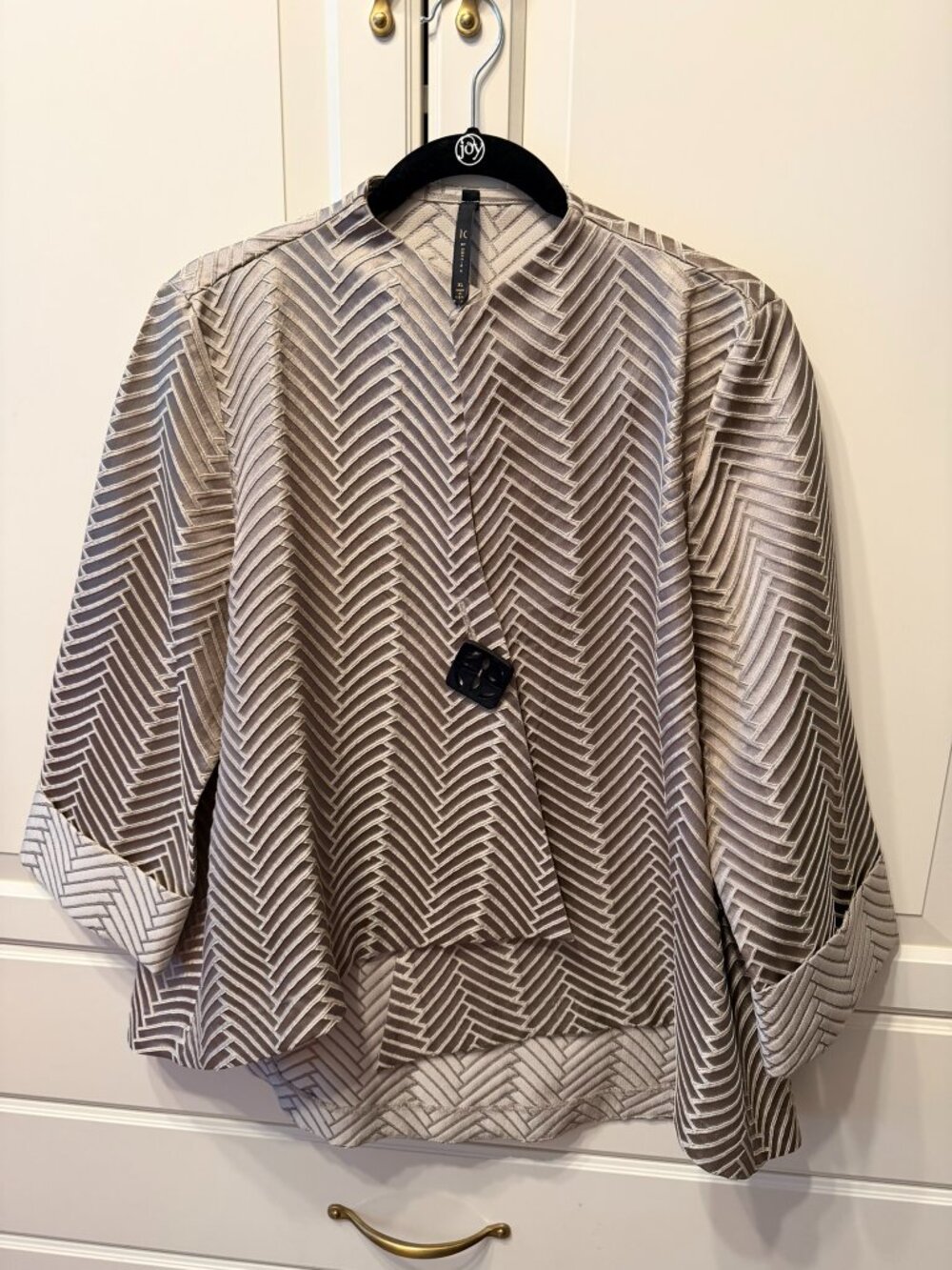 IC BY CONNIE K Women’s Ivory Silver Asymmetrical Hi-Low ¾ Sleeve Jacket Size XL